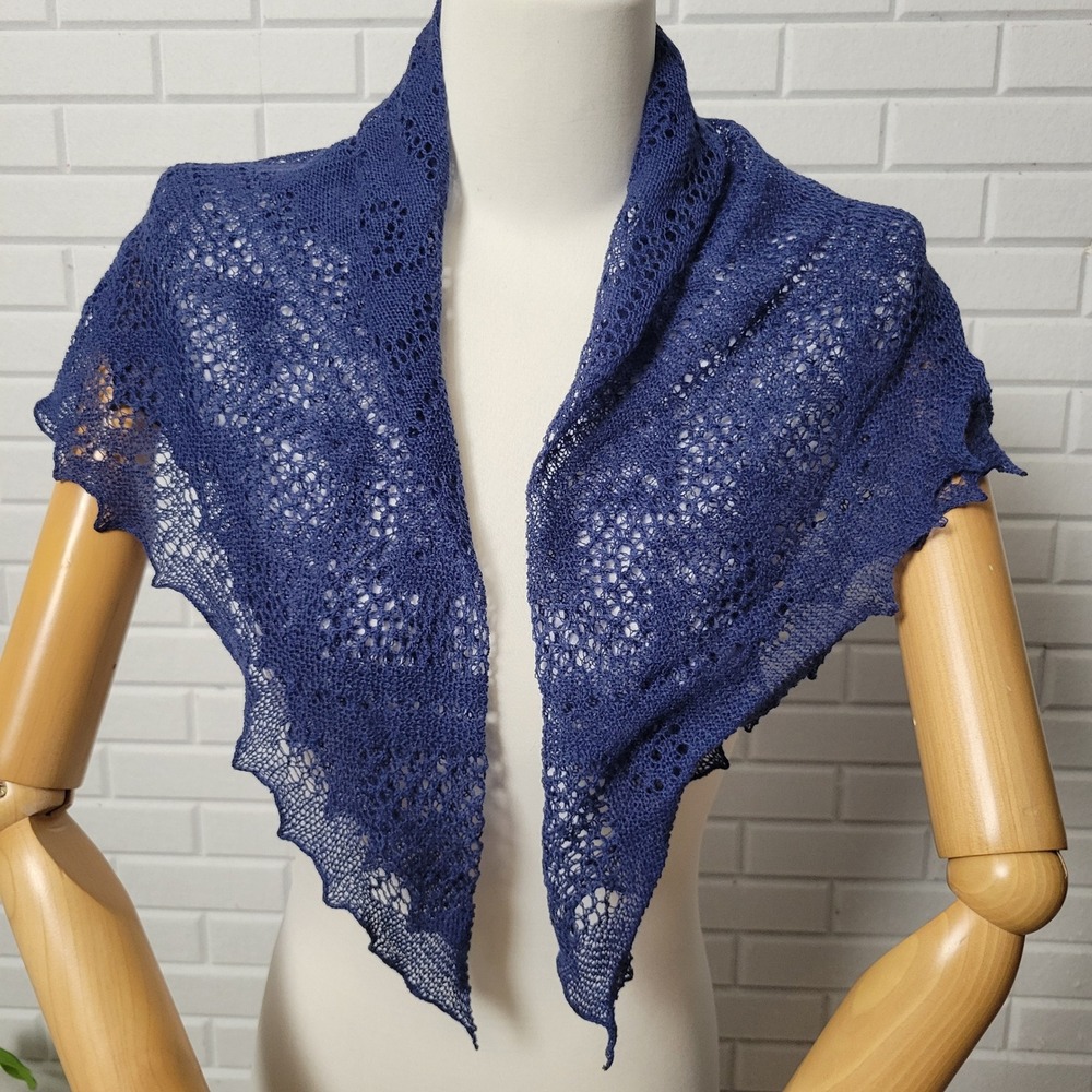Vintage 1990s Laura Ashley Knit Lace Scarf Fichu Blue Sheer Wool Scalloped Hem